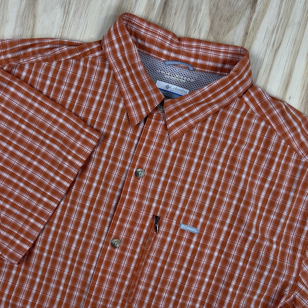 Columbia Omni-Shade Shirt XL Orange White Plaid Short Sleeve Button Up  Vented‎